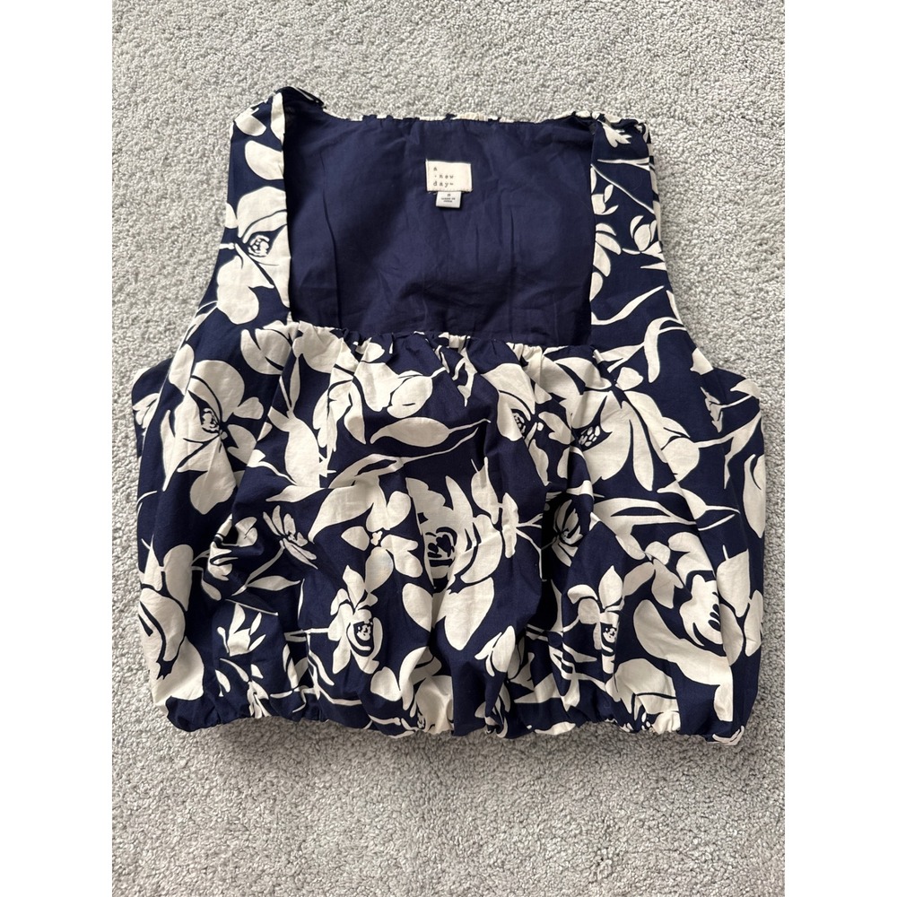 A New Day Womens Navy Blue White Floral Square Neck Bubble Hem Cotton Tank Top S